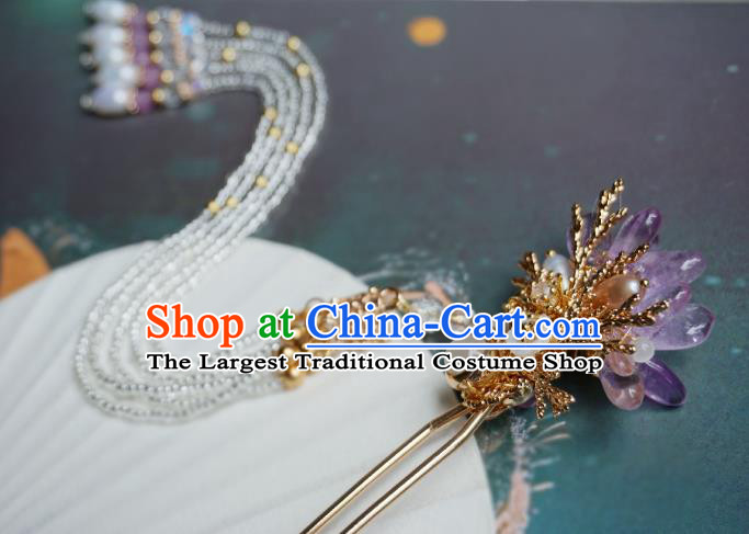 Handmade Chinese Beads Tassel Hair Clip Traditional Hair Accessories Ancient Hanfu Amethyst Flower Hairpins for Women