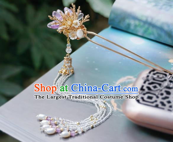 Handmade Chinese Beads Tassel Hair Clip Traditional Hair Accessories Ancient Hanfu Amethyst Flower Hairpins for Women