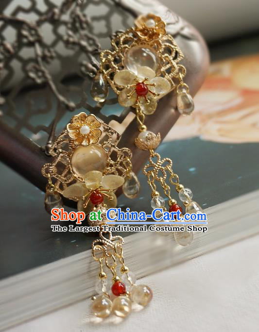Handmade Chinese Crystal Tassel Hair Clip Traditional Hair Accessories Ancient Tang Dynasty Court Chalcedony Hairpins for Women