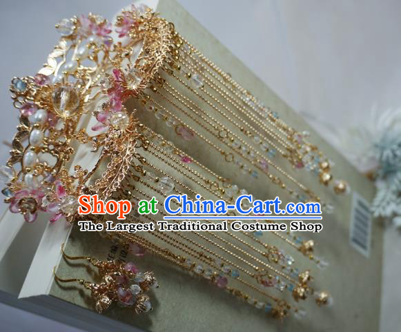 Chinese Classical Wedding Pearls Hair Crown and Tassel Step Shake Handmade Traditional Bride Hair Accessories Complete Set