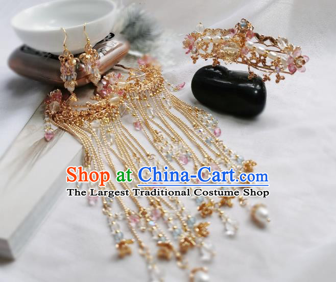 Chinese Classical Wedding Pearls Hair Crown and Tassel Step Shake Handmade Traditional Bride Hair Accessories Complete Set