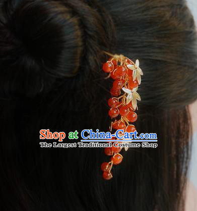 Handmade Chinese Hanfu Red Agate Beads Hair Clip Traditional Hair Accessories Ancient Golden Maple Leaf Hairpins for Women