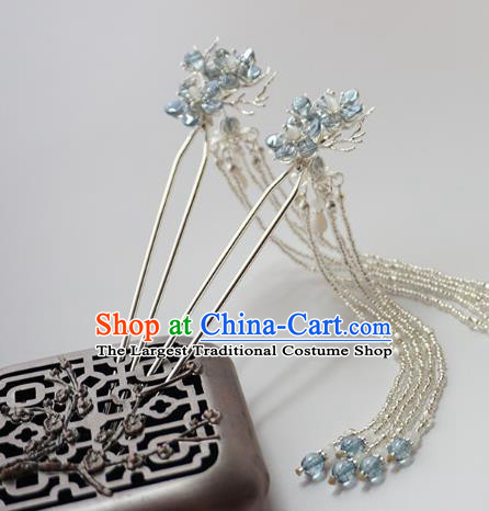 Handmade Chinese Hanfu Blue Plum Hair Clip Traditional Hair Accessories Ancient White Beads Tassel Hairpins for Women
