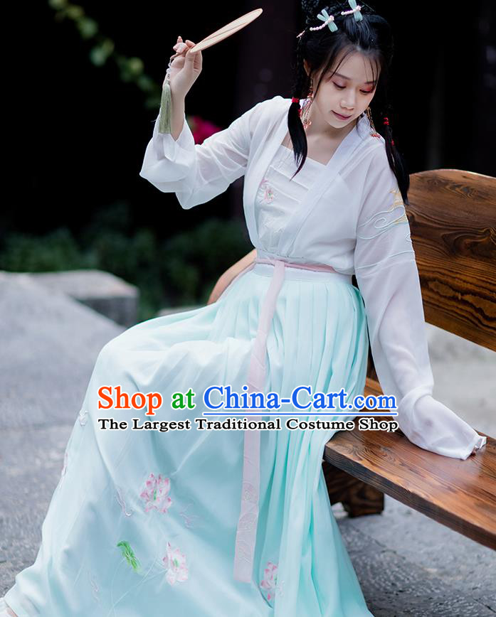 Chinese Traditional Song Dynasty Hanfu Garment Ancient Village Girl Costumes Blue Cloak Blouse Strapless and Skirt Full Set