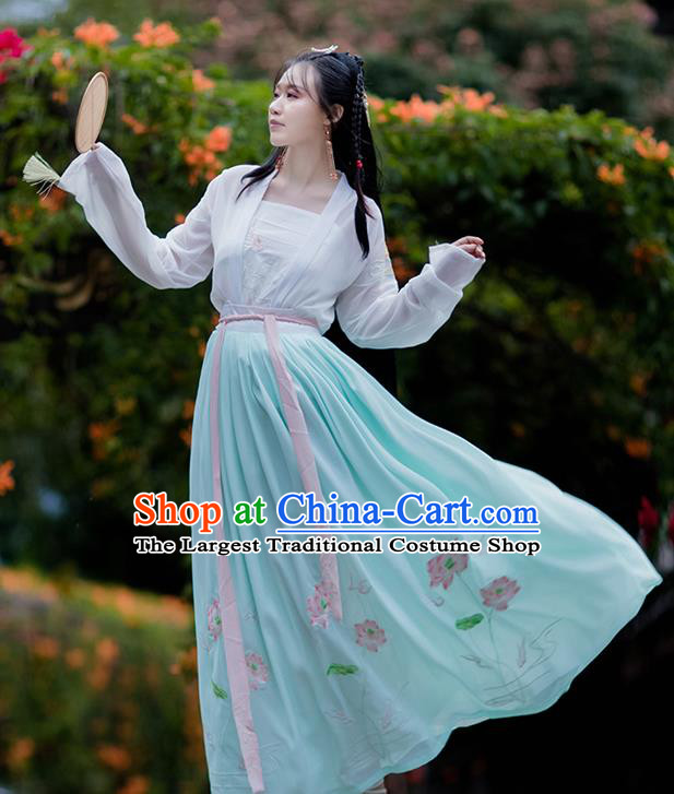 Chinese Traditional Song Dynasty Hanfu Garment Ancient Village Girl Costumes Blue Cloak Blouse Strapless and Skirt Full Set