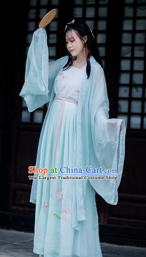 Chinese Traditional Song Dynasty Hanfu Garment Ancient Village Girl Costumes Blue Cloak Blouse Strapless and Skirt Full Set