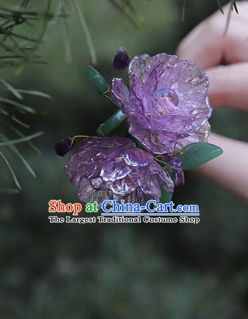Handmade Chinese Hanfu Purple Camellia Hair Clip Traditional Hair Accessories Ancient Princess Flowers Hairpins for Women