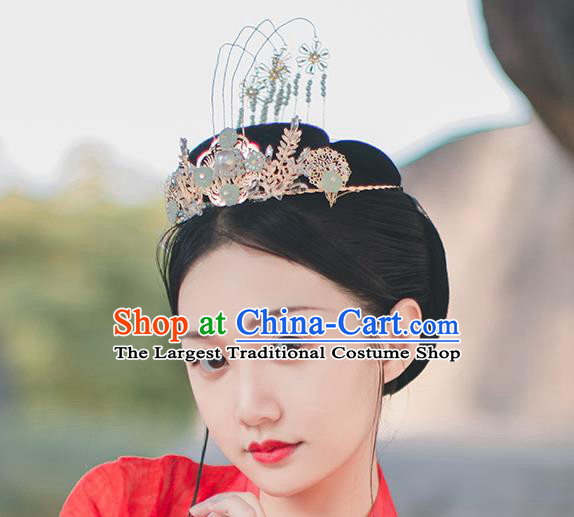 Chinese Classical Green Flowers Hair Crown Handmade Traditional Court Hair Accessories Golden Tassel Phoenix Coronet