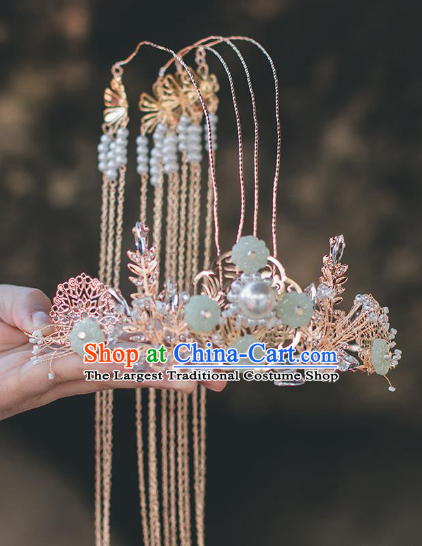 Chinese Classical Green Flowers Hair Crown Handmade Traditional Court Hair Accessories Golden Tassel Phoenix Coronet