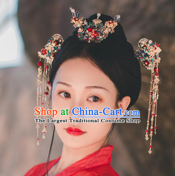 Chinese Classical Blueing Hair Crown and Hairpins Handmade Traditional Court Hair Accessories Phoenix Hair Comb Full Set