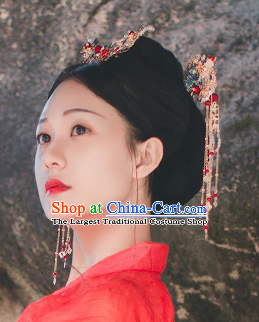 Chinese Classical Blueing Hair Crown and Hairpins Handmade Traditional Court Hair Accessories Phoenix Hair Comb Full Set