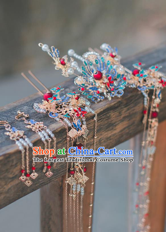 Chinese Classical Blueing Hair Crown and Hairpins Handmade Traditional Court Hair Accessories Phoenix Hair Comb Full Set