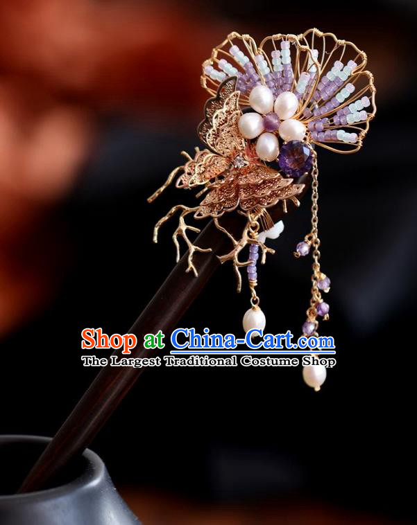 Handmade Chinese Cheongsam Purple Beads Hair Clip Traditional Hanfu Hair Accessories Golden Butterfly Ebony Hairpins for Women