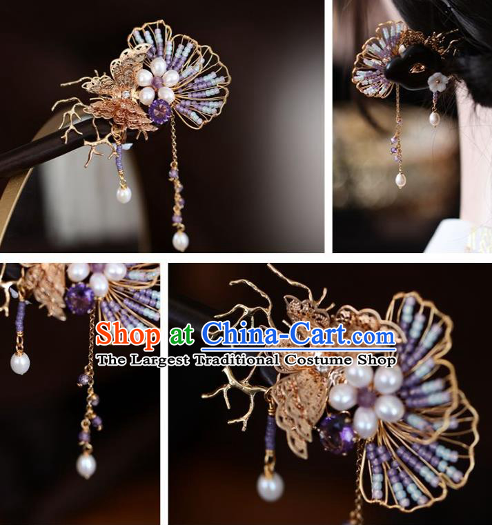 Handmade Chinese Cheongsam Purple Beads Hair Clip Traditional Hanfu Hair Accessories Golden Butterfly Ebony Hairpins for Women