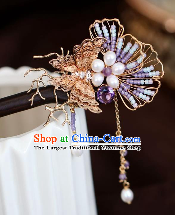 Handmade Chinese Cheongsam Purple Beads Hair Clip Traditional Hanfu Hair Accessories Golden Butterfly Ebony Hairpins for Women