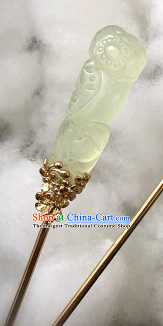 Handmade Chinese Tang Dynasty Palace Jade Hair Clip Traditional Hair Accessories Ancient Empress Golden Hairpins for Women