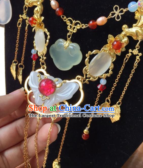 Top Grade Chinese Classical Ming Dynasty Jade Butterfly Jewelry Accessories Handmade Ancient Hanfu Bells Tassel Necklace for Women