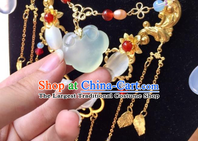 Top Grade Chinese Classical Ming Dynasty Jade Butterfly Jewelry Accessories Handmade Ancient Hanfu Bells Tassel Necklace for Women