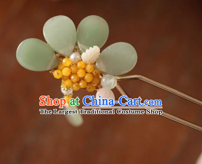 Handmade Chinese Cheongsam Green Jade Flower Hair Clip Traditional Hanfu Hair Accessories Beads Hairpins for Women