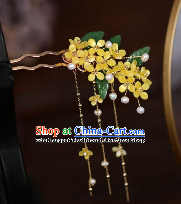 Handmade Chinese Cheongsam Yellow Fragrans Hair Clip Traditional Hanfu Hair Accessories Pearls Tassel Hairpins for Women