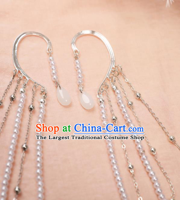 Traditional Chinese White Beads Ear Accessories Handmade Tassel Eardrop Ancient Female Swordsman Earrings for Women