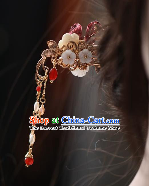 Handmade Chinese Cheongsam Red Flower Hair Clip Traditional Hanfu Hair Accessories Tassel Hairpins for Women