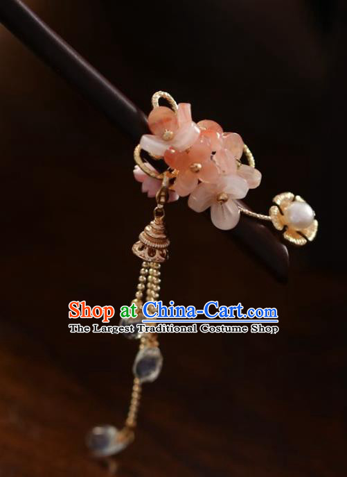 Handmade Chinese Cheongsam Flower Wood Hair Clip Traditional Hanfu Hair Accessories Ebony Tassel Hairpins for Women