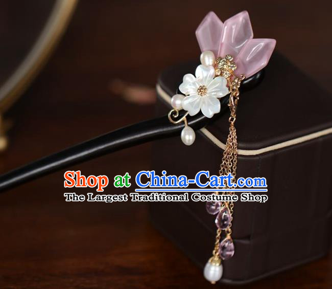 Handmade Chinese Cheongsam Shell Plum Hair Clip Traditional Hanfu Hair Accessories Ebony Purple Tassel Hairpins for Women