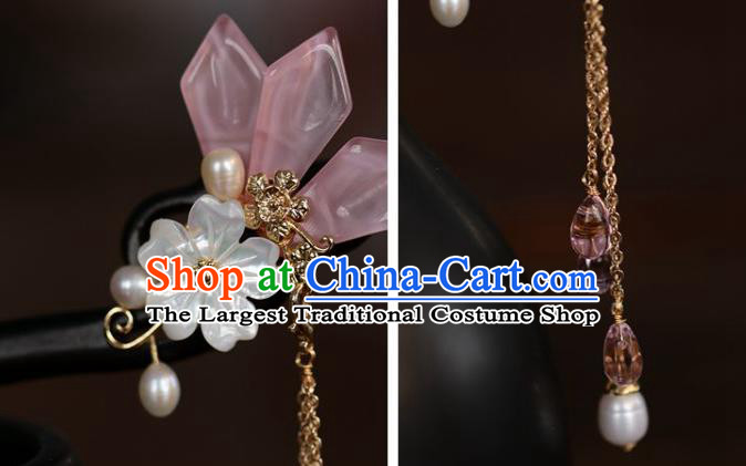 Handmade Chinese Cheongsam Shell Plum Hair Clip Traditional Hanfu Hair Accessories Ebony Purple Tassel Hairpins for Women