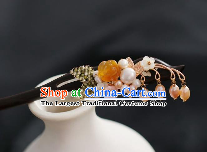 Handmade Chinese Cheongsam Yellow Rose Hair Clip Traditional Hanfu Hair Accessories Pearls Tassel Ebony Hairpins for Women