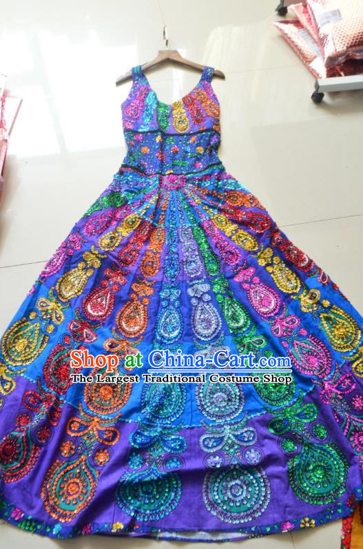 Thailand Traditional Embroidered Sequins Royalblue Dress Asian Thai Photography National Beach Dress Summer Costumes for Women