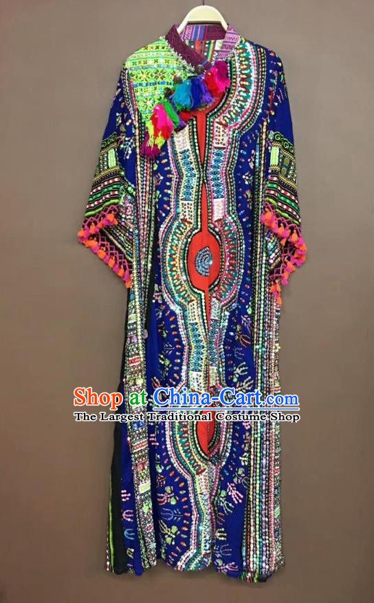Thailand Traditional Embroidered Beads Deep Blue Dress Asian Thai National Beach Dress Photography Costumes for Women