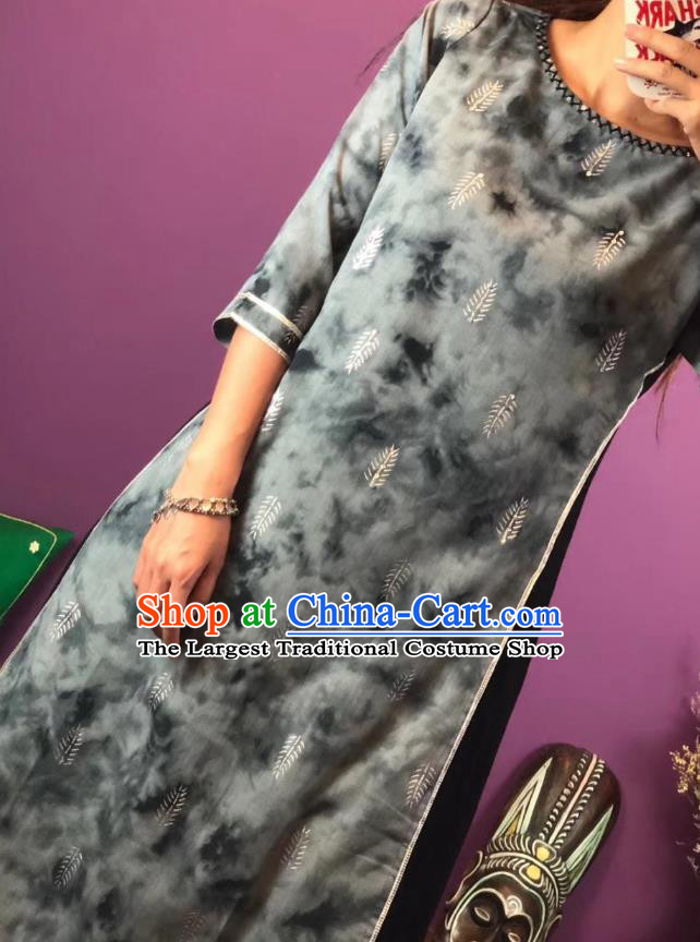 Thailand Traditional Printing Grey Qipao Dress Asian Thai National Cotton Dress Photography Costumes for Women
