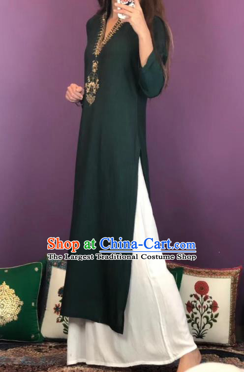 Thailand Traditional Dark Green Qipao Dress Asian Thai National Cotton Dress and Loose Pants Photography Costumes for Women