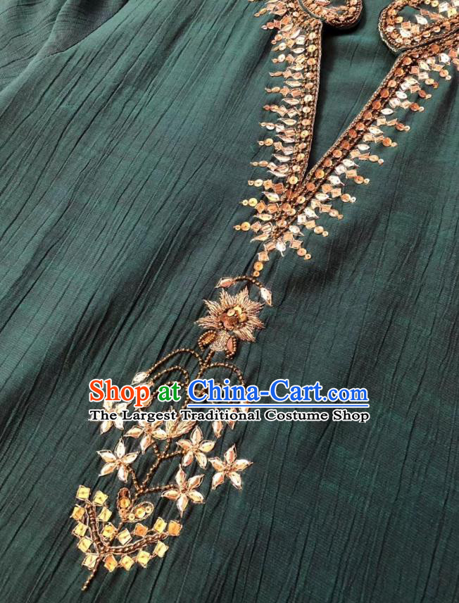 Thailand Traditional Dark Green Qipao Dress Asian Thai National Cotton Dress and Loose Pants Photography Costumes for Women