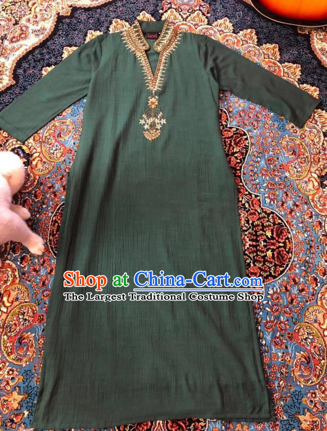 Thailand Traditional Dark Green Qipao Dress Asian Thai National Cotton Dress and Loose Pants Photography Costumes for Women