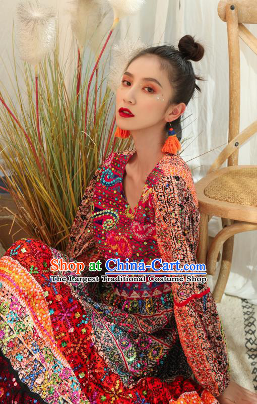 Thailand Traditional Embroidered Beads Maroon Dress Asian Thai Photography National Beach Dress Sequins Costumes for Women
