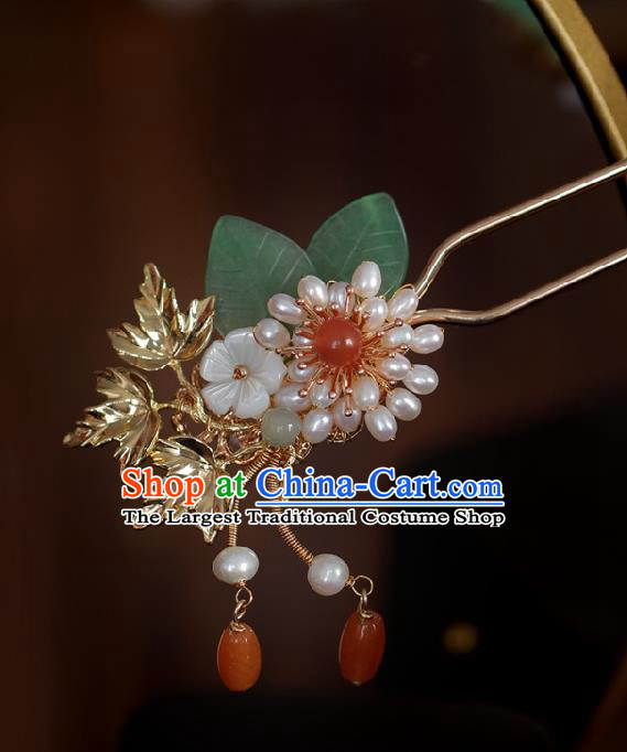 Handmade Chinese Cheongsam Golden Hair Clip Traditional Hanfu Hair Accessories Pearls Agate Hairpins for Women