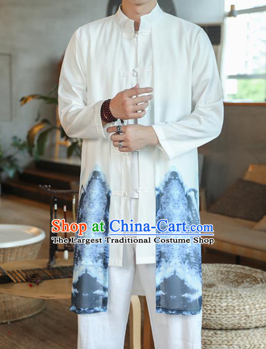 Chinese Traditional Ink Painting Blue Landscape Chiffon Dust Coat Tang Suit Overcoat Costumes Outer Garment for Men