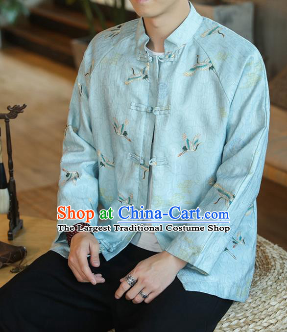 Chinese Traditional Printing Cranes Blue Flax Jacket Tang Suit Overcoat Outer Garment Costumes for Men