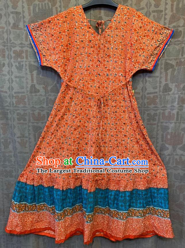 Thailand Traditional Embroidered Beads Orange Dress Asian Thai Photography National Beach Dress Sequins Costumes for Women