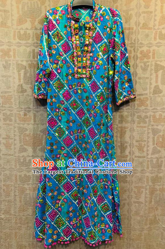 Blue Thailand Traditional Embroidered Beads Dress Asian Thai Photography National Beach Dress Sequins Costumes for Women