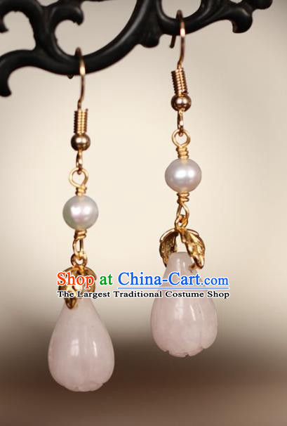Chinese Handmade Hanfu Earrings Traditional Ear Jewelry Accessories Classical Pink Jade Eardrop for Women