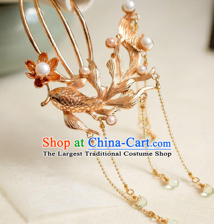 Chinese Cheongsam Golden Phoenix Hair Comb Traditional Hanfu Hair Accessories Handmade Song Dynasty Tassel Hairpins for Women