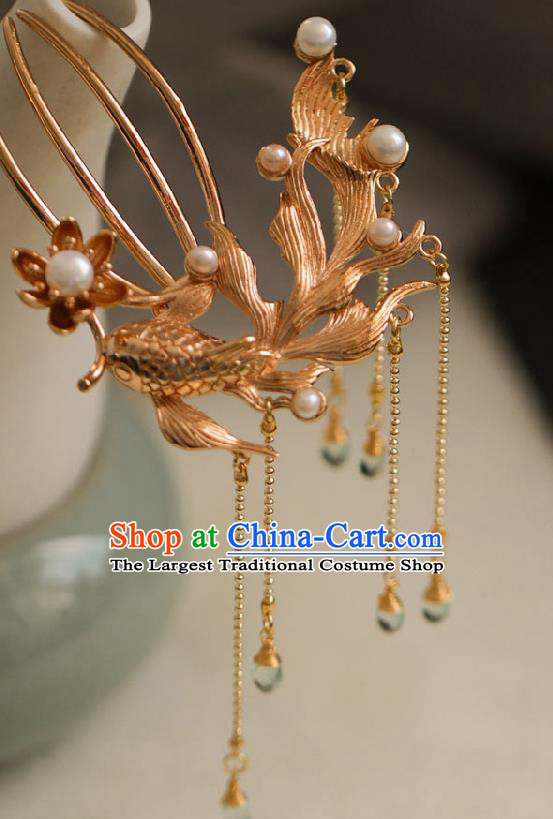 Chinese Cheongsam Golden Phoenix Hair Comb Traditional Hanfu Hair Accessories Handmade Song Dynasty Tassel Hairpins for Women