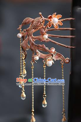 Chinese Cheongsam Golden Phoenix Hair Comb Traditional Hanfu Hair Accessories Handmade Song Dynasty Tassel Hairpins for Women
