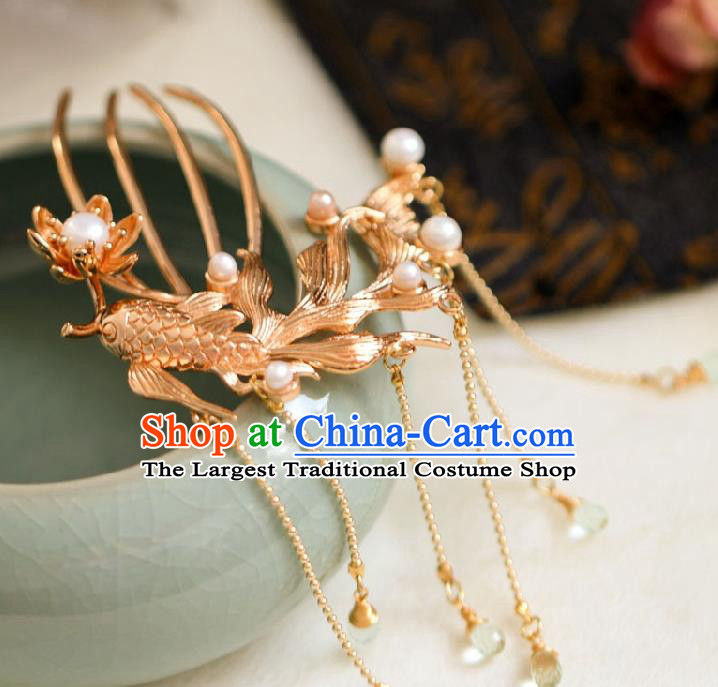 Chinese Cheongsam Golden Phoenix Hair Comb Traditional Hanfu Hair Accessories Handmade Song Dynasty Tassel Hairpins for Women