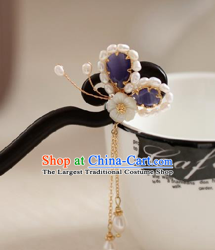 Chinese Cheongsam Pearls Ebony Hair Clip Traditional Hanfu Hair Accessories Handmade Purple Butterfly Hairpins for Women