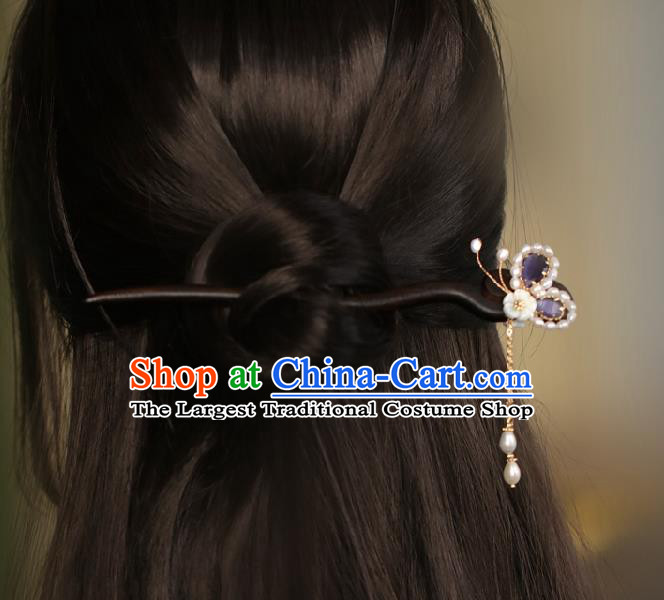 Chinese Cheongsam Pearls Ebony Hair Clip Traditional Hanfu Hair Accessories Handmade Purple Butterfly Hairpins for Women