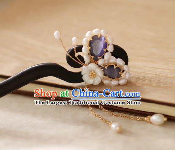 Chinese Cheongsam Pearls Ebony Hair Clip Traditional Hanfu Hair Accessories Handmade Purple Butterfly Hairpins for Women